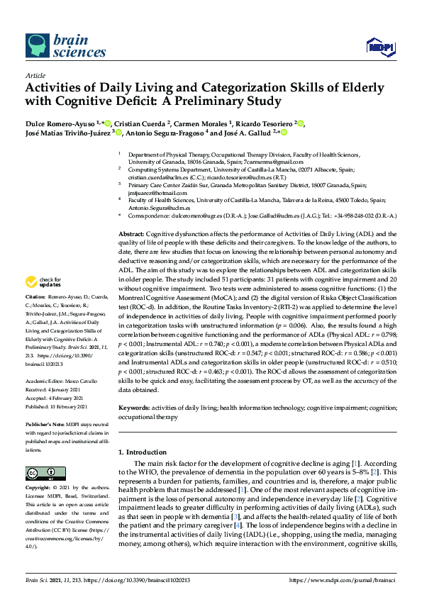 (PDF) Activities of Daily Living and Categorization Skills of Elderly ...