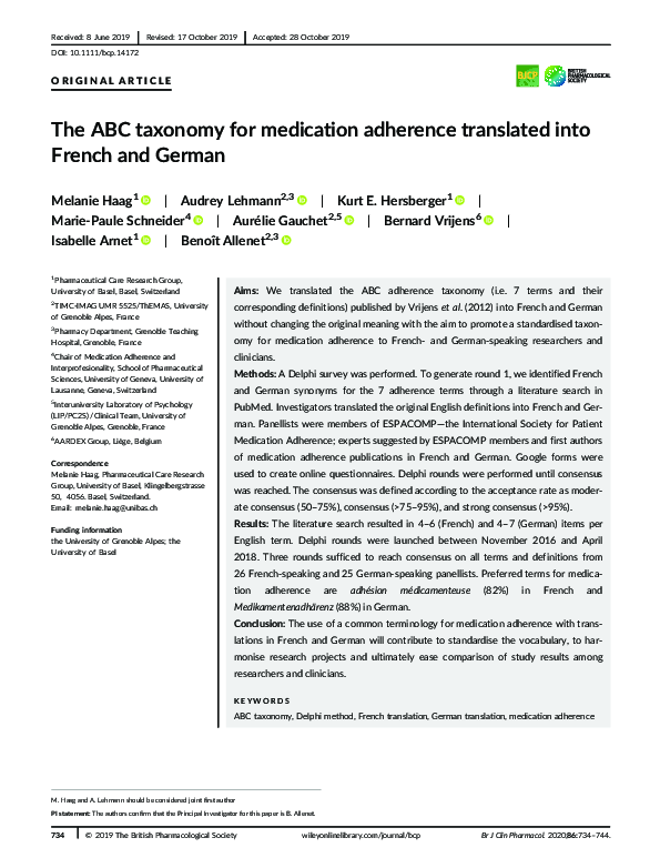 (PDF) The ABC taxonomy for medication adherence translated into French ...