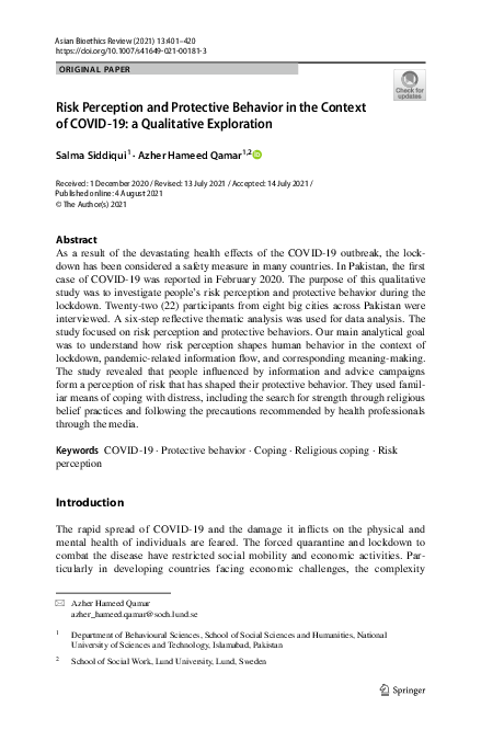 (PDF) Risk Perception and Protective Behavior in the Context of COVID ...