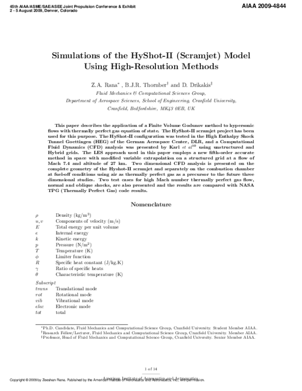 (PDF) Simulations of the HyShot-II (Scramjet) Model Using High ...