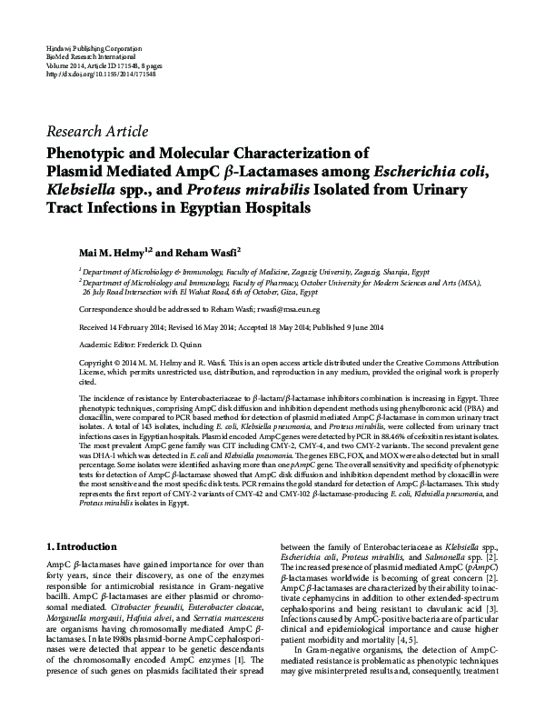 (PDF) Phenotypic and Molecular Characterization of Plasmid Mediated ...