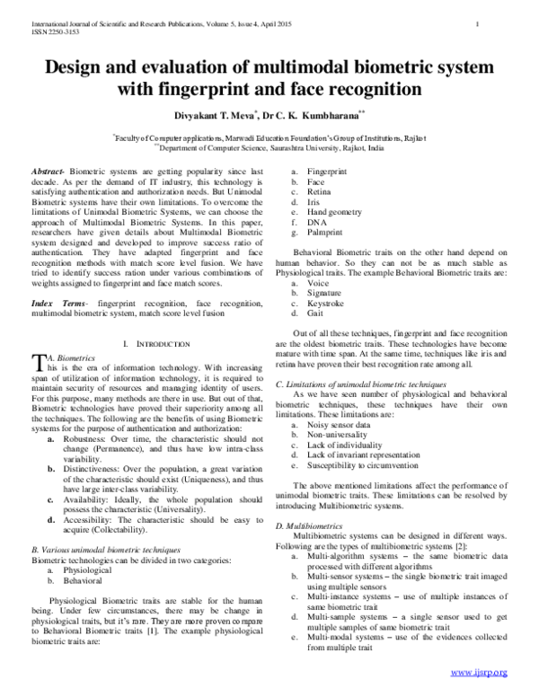(PDF) Design and evaluation of multimodal biometric system with ...