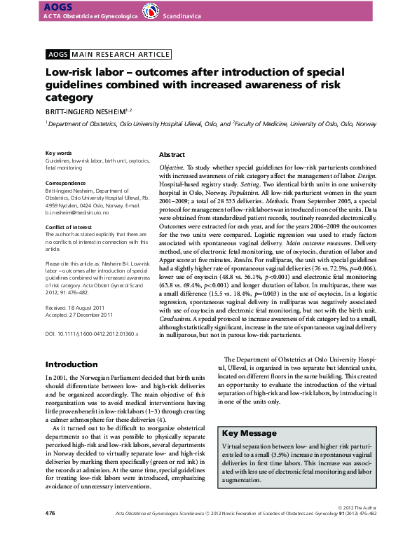 (PDF) Low-risk labor - outcomes after introduction of special ...