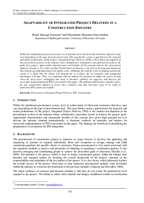 (PDF) Adaptability of Integrated Project Delivery in a Construction ...
