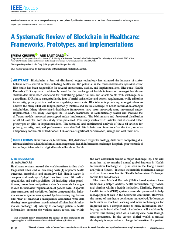(PDF) A Systematic Review of Blockchain in Healthcare: Frameworks ...