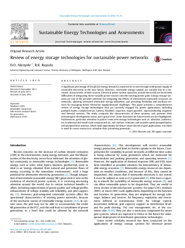 (PDF) Review of energy storage technologies for sustainable power networks
