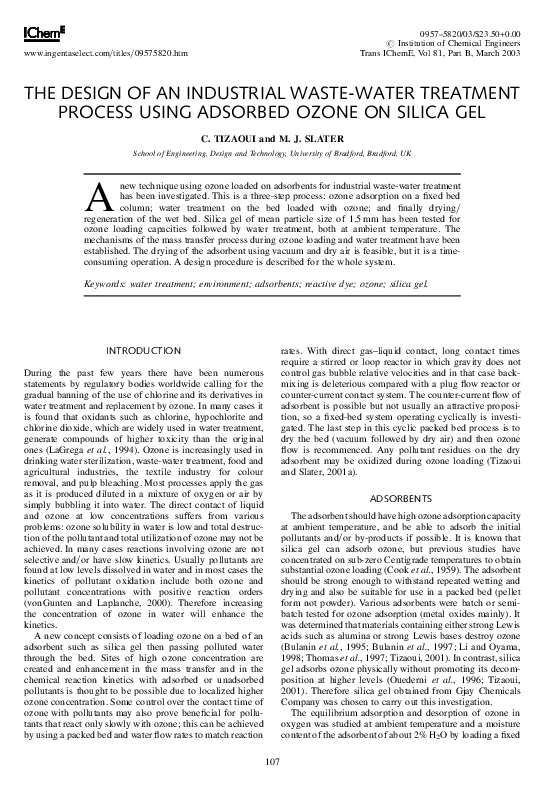 (PDF) The Design of an Industrial WasteWater Treatment Process Using Adsorbed Ozone on Silica