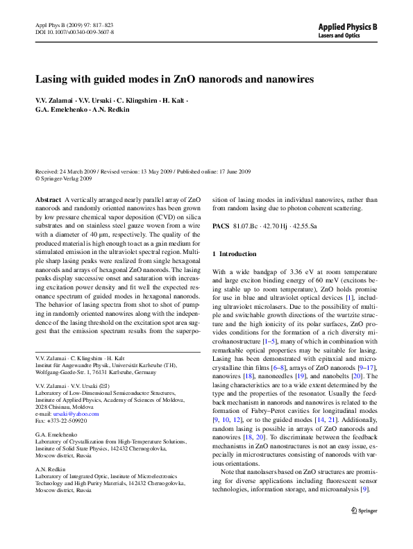 (PDF) Lasing with guided modes in ZnO nanorods and nanowires