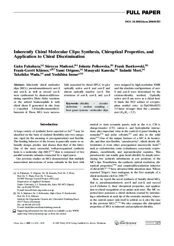 (PDF) Inherently Chiral Molecular Clips: Synthesis, Chiroptical ...