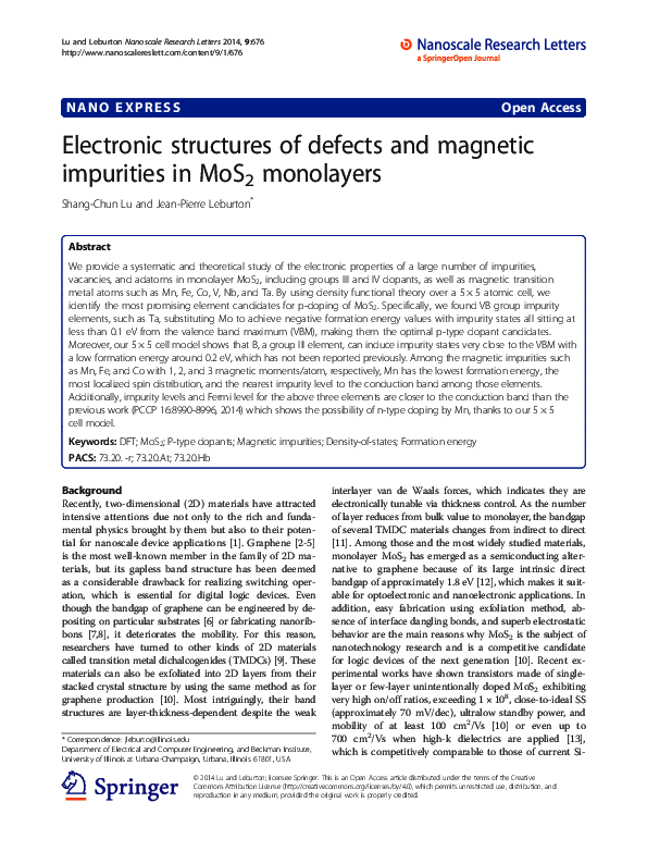 (PDF) Electronic structures of defects and magnetic impurities in MoS2 ...
