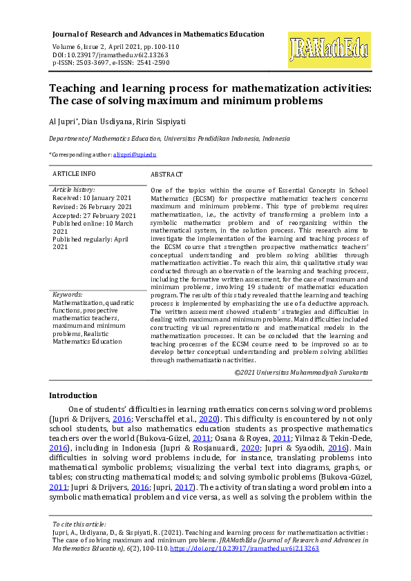 (PDF) Teaching and learning process for mathematization activities: The ...