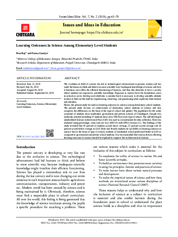 (PDF) Learning Outcomes in Science Among Elementary Level Students