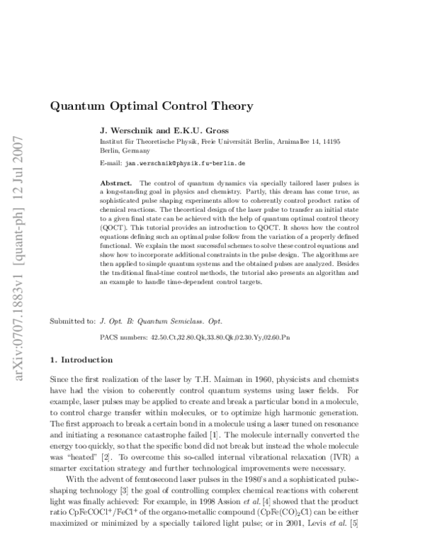 (PDF) Quantum optimal control theory