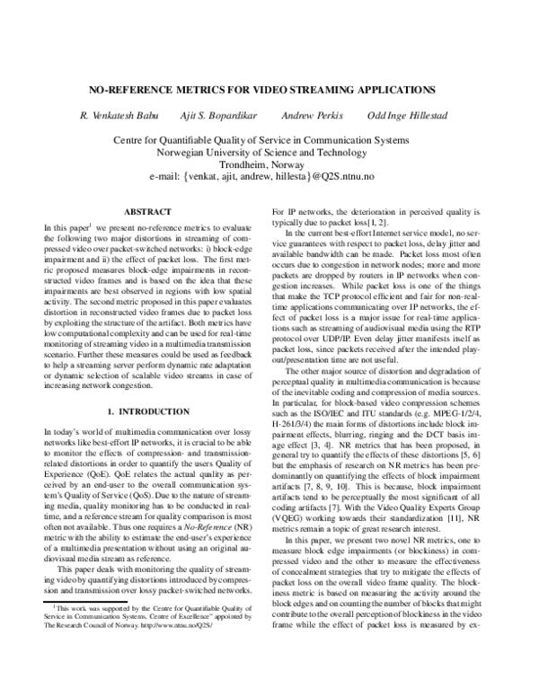 (PDF) No-reference metrics for video streaming applications