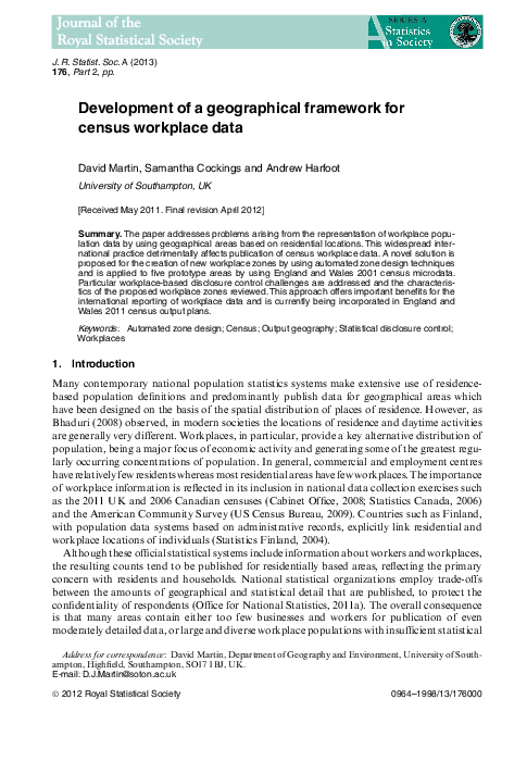 (PDF) Development of a geographical framework for census workplace data