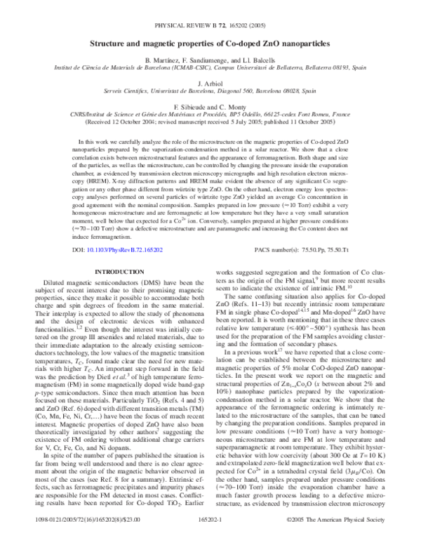(PDF) Structure and magnetic properties of Co-doped ZnO nanoparticles ...