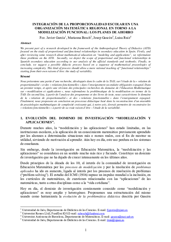 Integración de la proporcionalidad escolar en una organización matemática regional en torno a la modelización funcional: los planes de ahorro