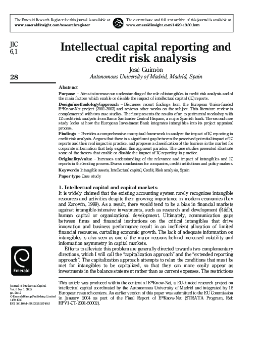 (PDF) Intellectual capital reporting and credit risk analysis