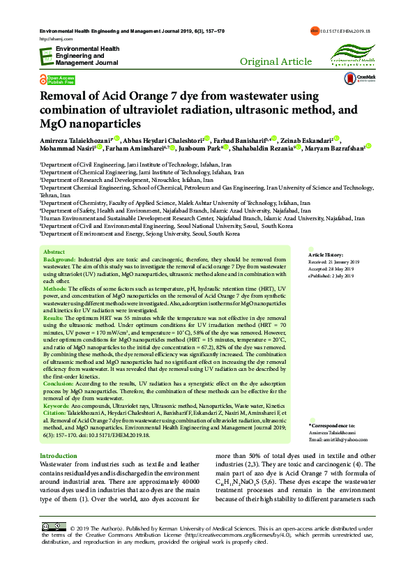 (PDF) Removal of Acid Orange 7 dye from wastewater using combination of ...