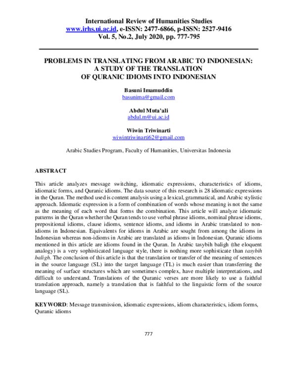 (PDF) Problems in Translating from Arabic to Indonesian: A Study of the ...