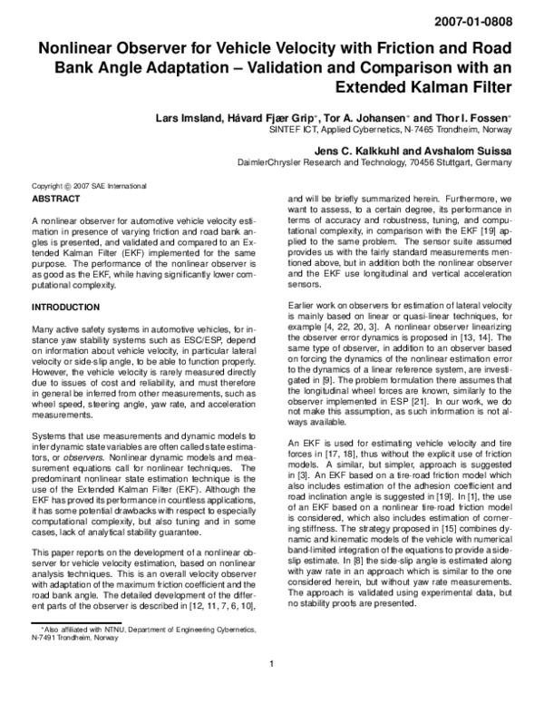 (PDF) Nonlinear Observer for Vehicle Velocity with Friction and Road ...