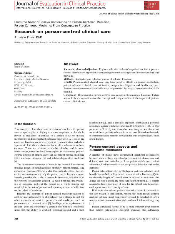 (PDF) Research on personcentred clinical care Arnstein Finset