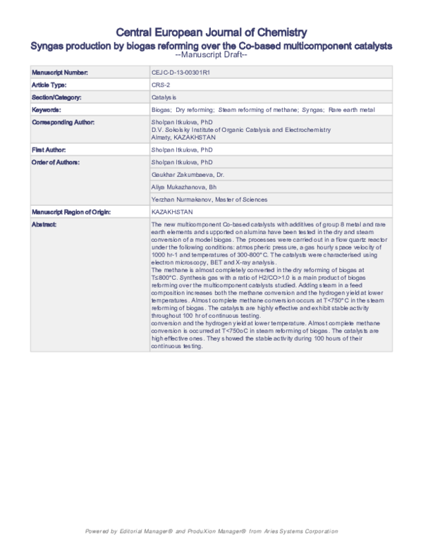 (PDF) Syngas production by biogas reforming over the Co-based ...