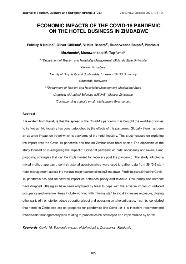 (PDF) ECONOMIC IMPACTS OF THE COVID-19 PANDEMIC ON THE HOTEL BUSINESS ...