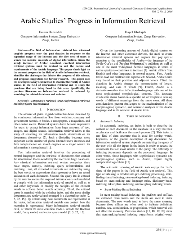 (PDF) Arabic Studies’ Progress in Information Retrieval