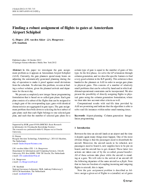 (PDF) Finding a robust assignment of flights to gates at Amsterdam ...
