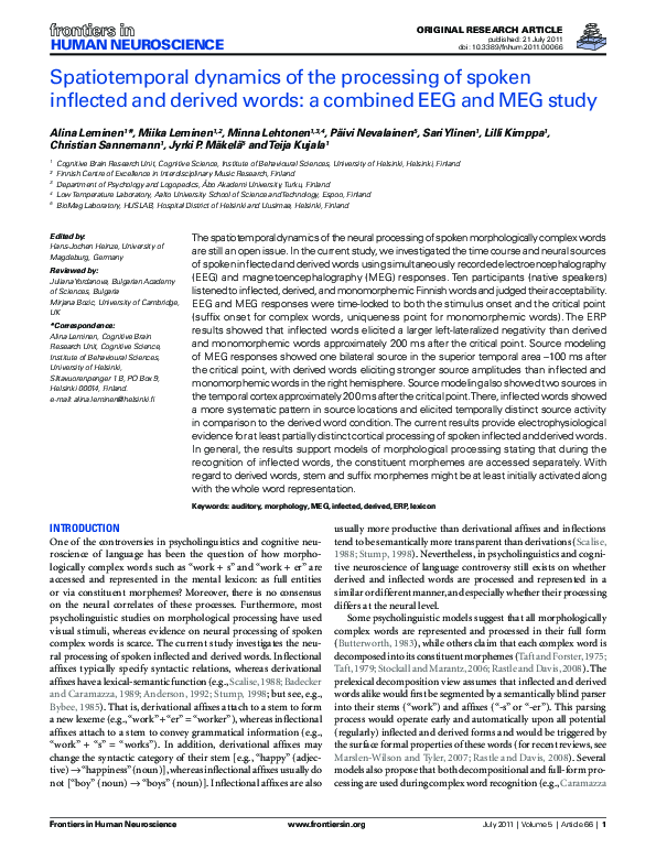 (PDF) Spatiotemporal Dynamics of the Processing of Spoken Inflected and ...