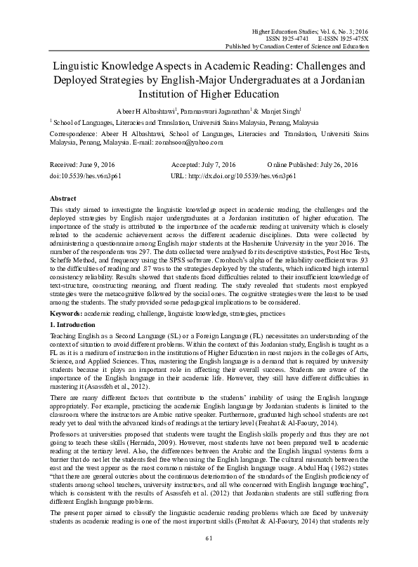 (PDF) Linguistic Knowledge Aspects in Academic Reading: Challenges and ...