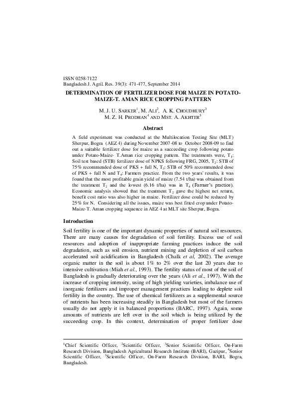 (PDF) Determination of fertilizer dose for maize in Potatomaize T