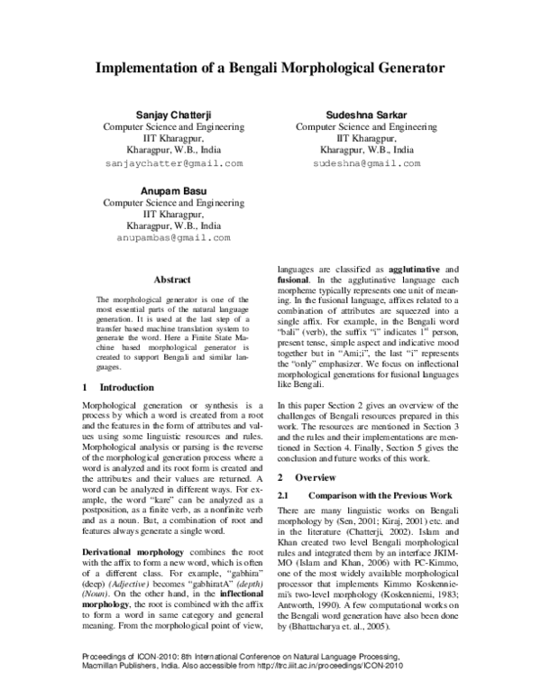 (PDF) Implementation of a Bengali Morphological Generator‖ Sudeshna