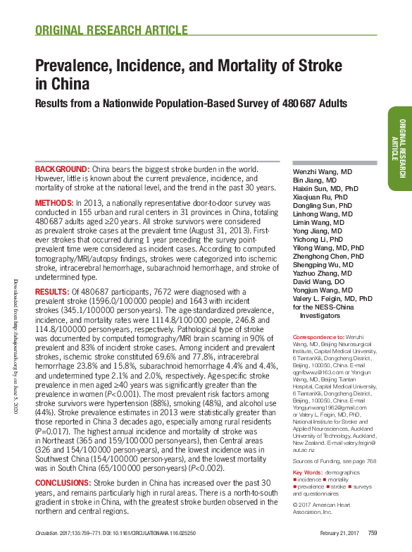 (PDF) Prevalence, Incidence and Mortality of Stroke in China: Results ...