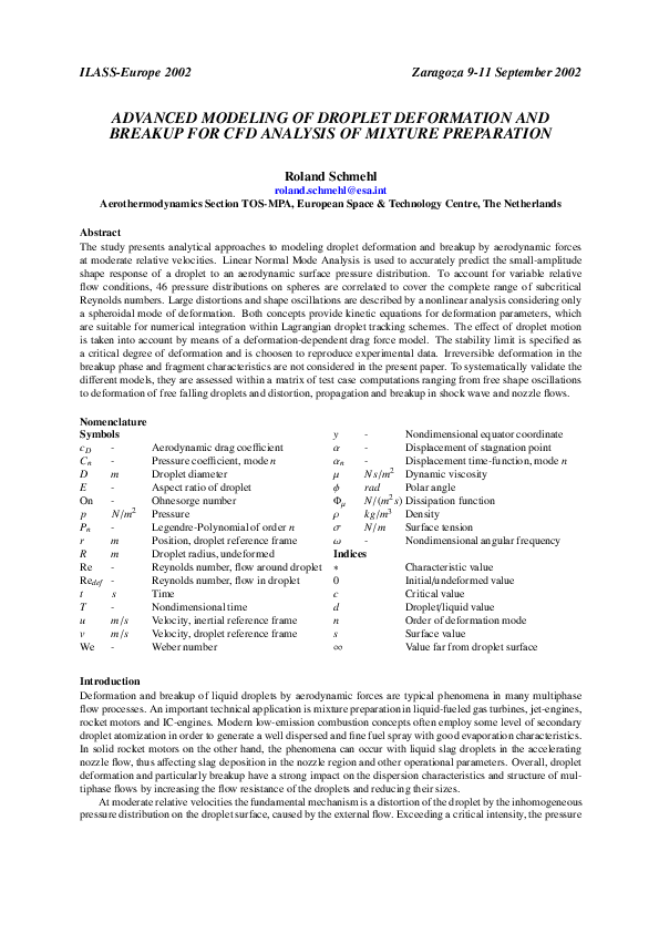 (PDF) Advanced modeling of droplet deformation and breakup for CFD ...