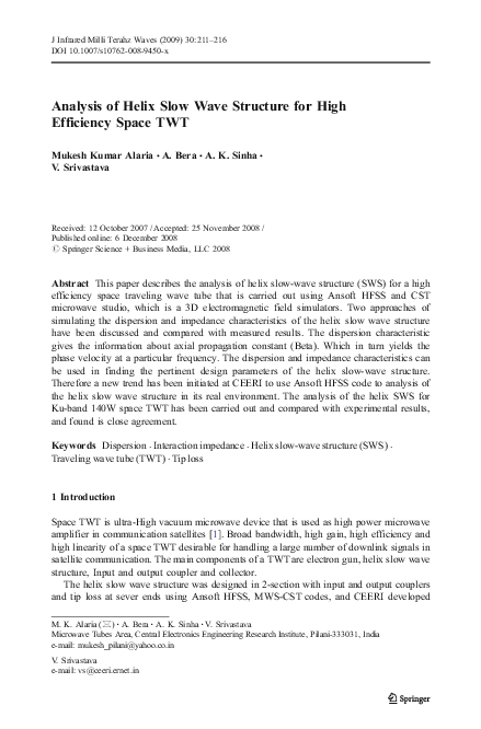 (PDF) Analysis of Helix Slow Wave Structure for High Efficiency Space TWT