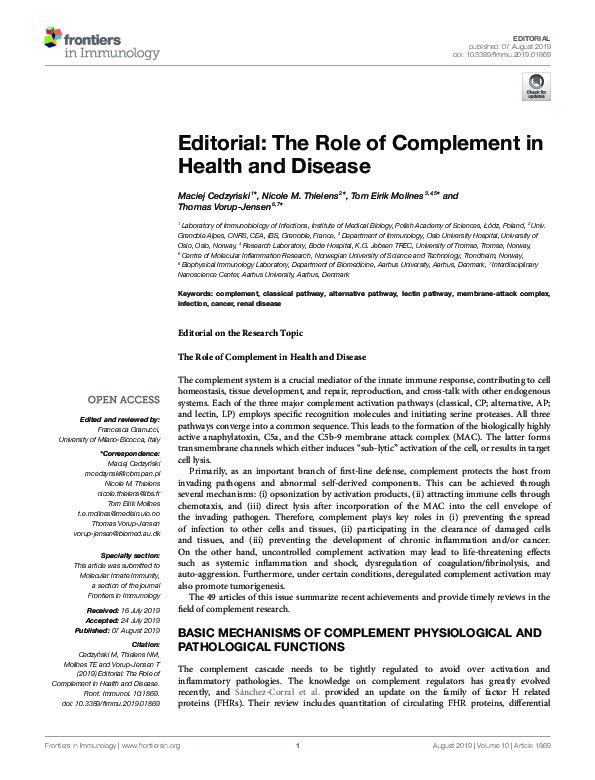 (PDF) Editorial: The Role of Complement in Health and Disease