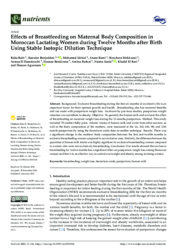 (PDF) Effects of Breastfeeding on Maternal Body Composition in Moroccan ...