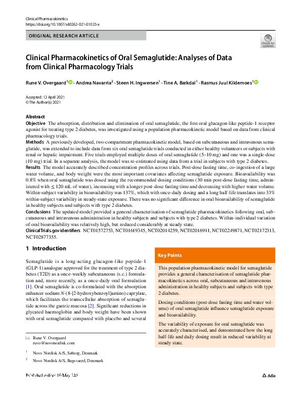 semaglutide pharmacokinetics PDF) Clinical Pharmacokinetics of Oral Semaglutide: Analyses of Data from  Clinical Pharmacology Trials