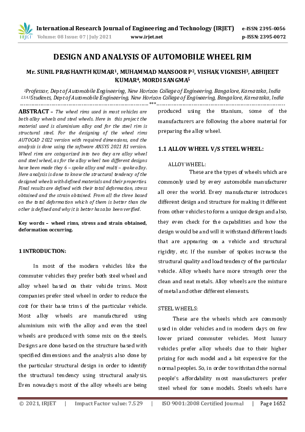 (PDF) IRJET- DESIGN AND ANALYSIS OF AUTOMOBILE WHEEL RIM