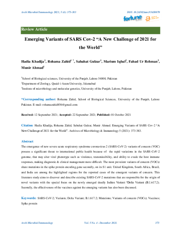 (PDF) Emerging Variants of SARS Cov-2 "A New Challenge of 2021 for the ...