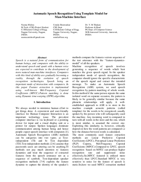 (PDF) Automatic Speech Recognition Using Template Model for Man-Machine ...