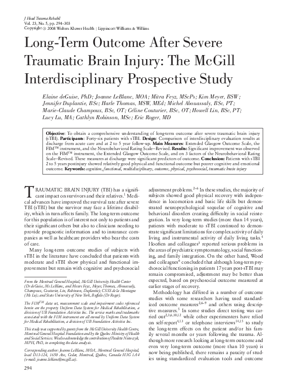 (PDF) Long-term outcome after severe traumatic brain injury