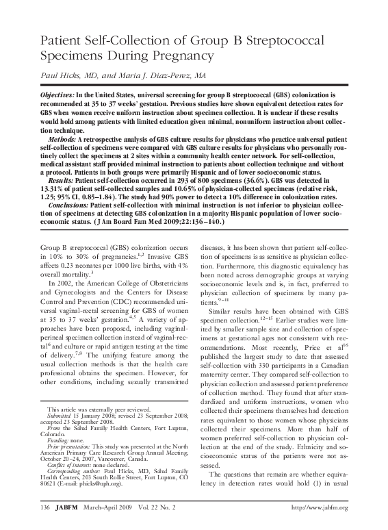 (PDF) Patient Self-Collection of Group B Streptococcal Specimens During ...