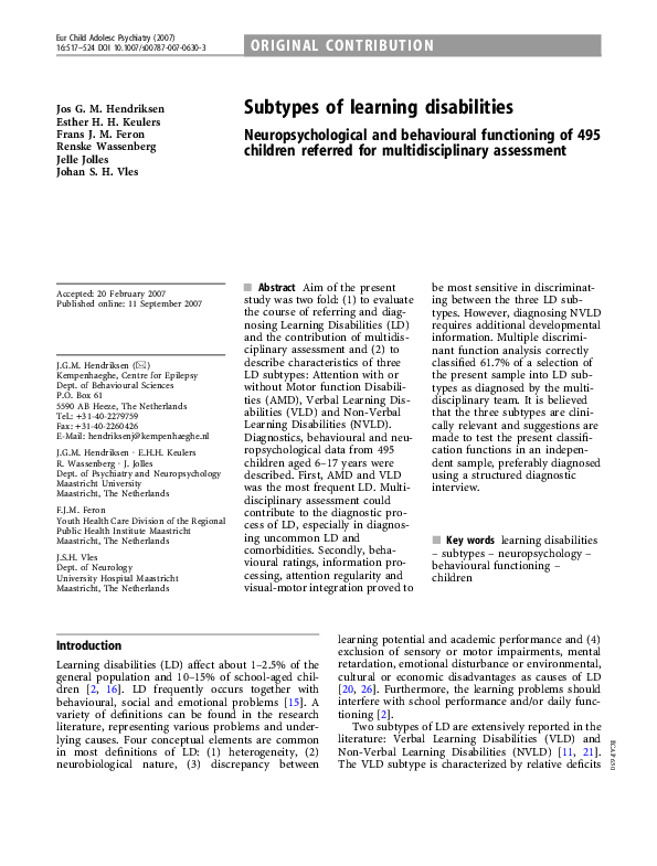 (PDF) Subtypes of learning disabilities Neuropsychological and ...