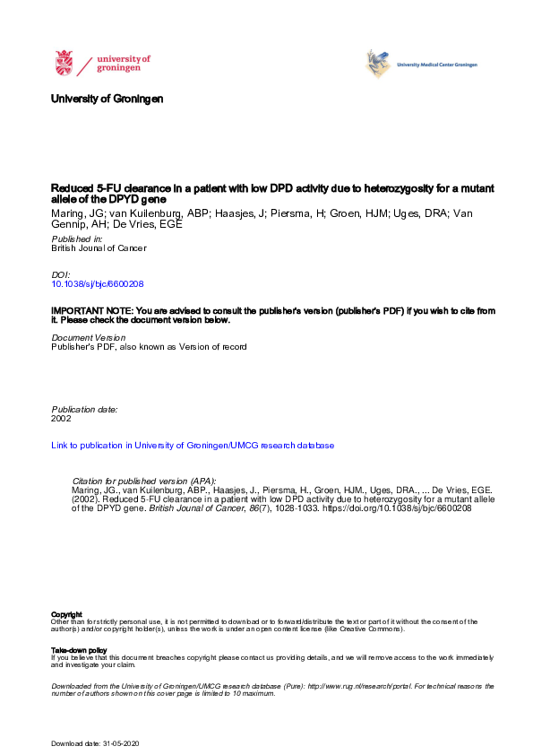 (PDF) Reduced 5-FU clearance in a patient with low DPD activity due to ...