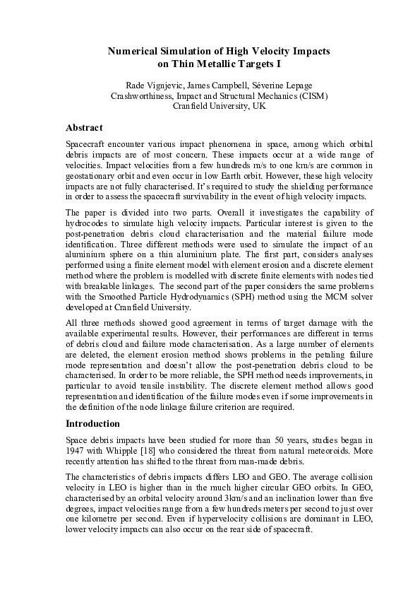 (PDF) Numerical Simulation of High Velocity Impacts on Thin Metallic ...