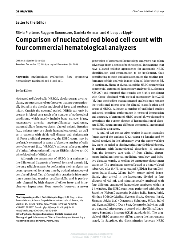 (PDF) Comparison of nucleated red blood cell count with four commercial ...