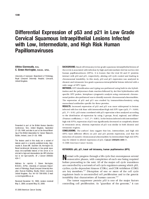 (PDF) Differential expression of p53 and p21 in low grade cervical ...